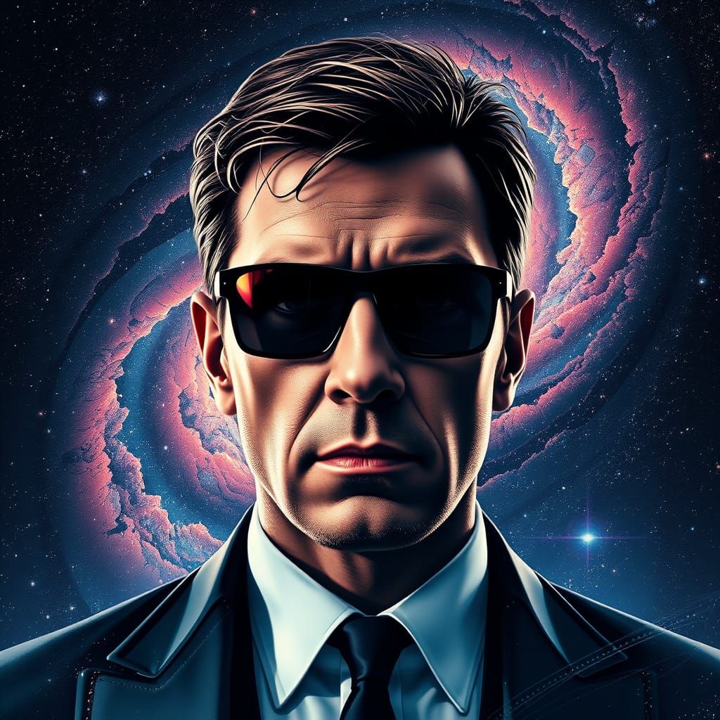 Men in Black Agent in Cosmic Galaxy Double Exposure Art