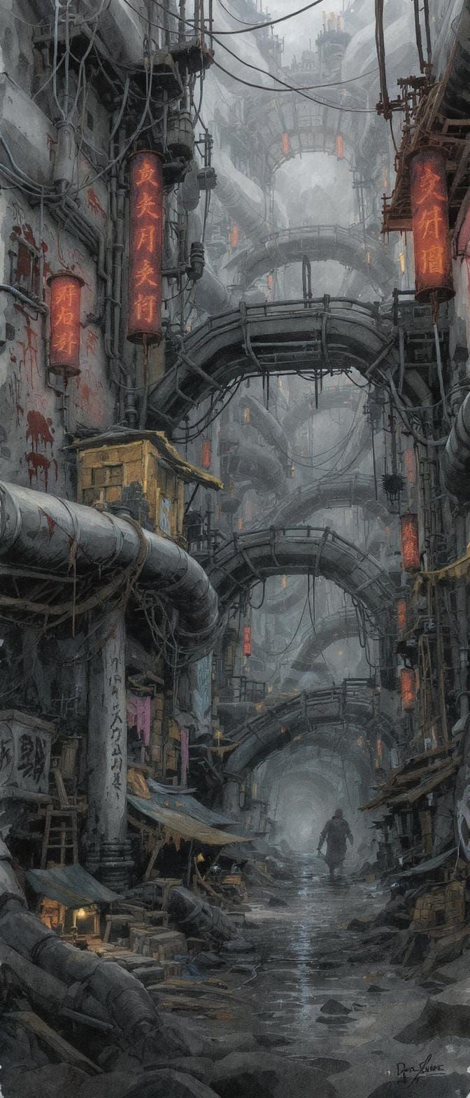 Kowloon-Inspired Sewer City in Ink and Watercolor
