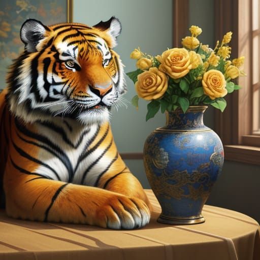 Tiger and Vase: Vibrant Oil Painting with Golden Light