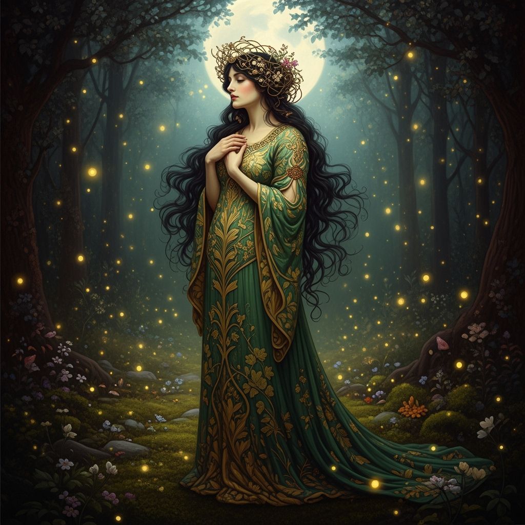 Moonlit Forest Woman in Pre-Raphaelite Style