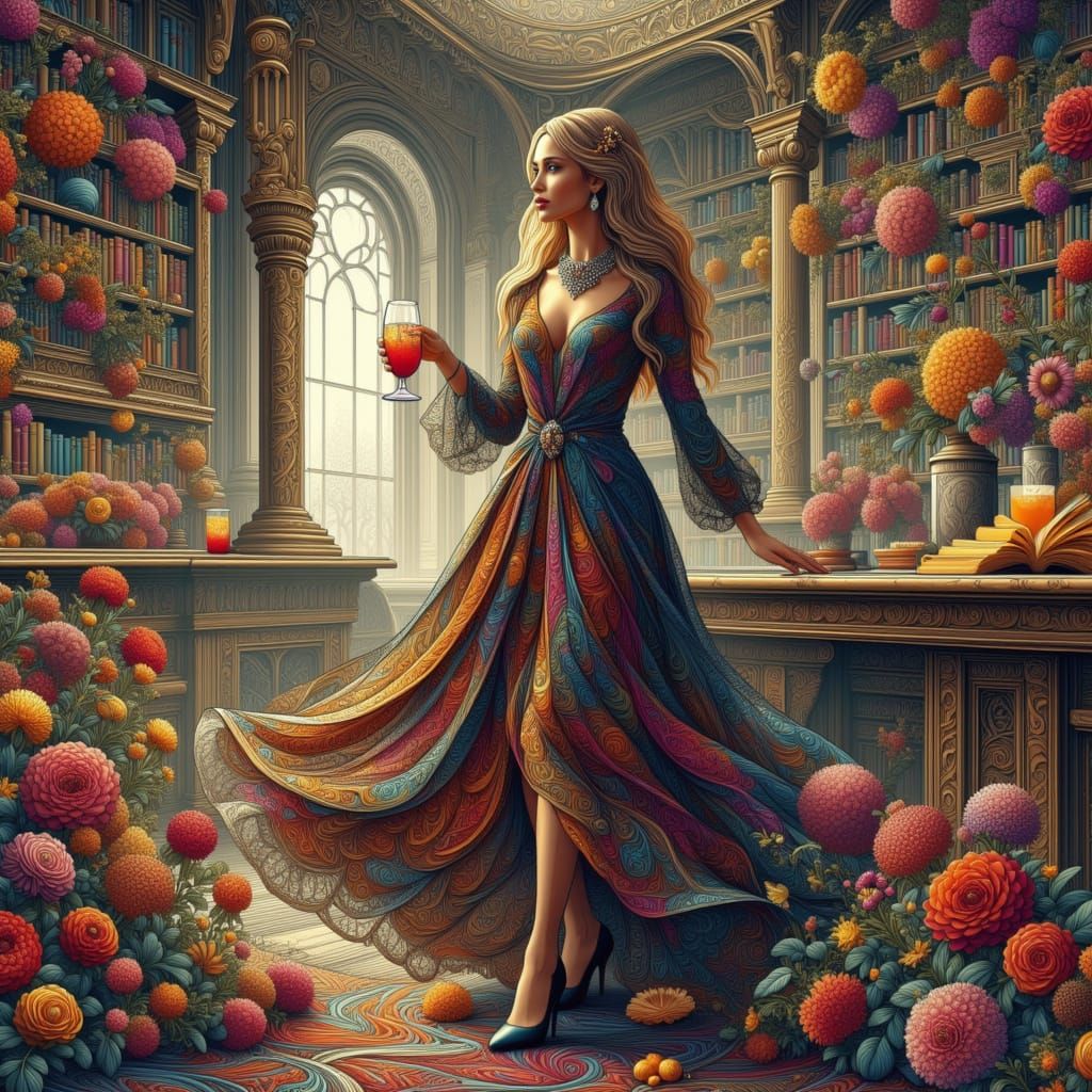 Sorceress Anna Mons in Baroque Library
