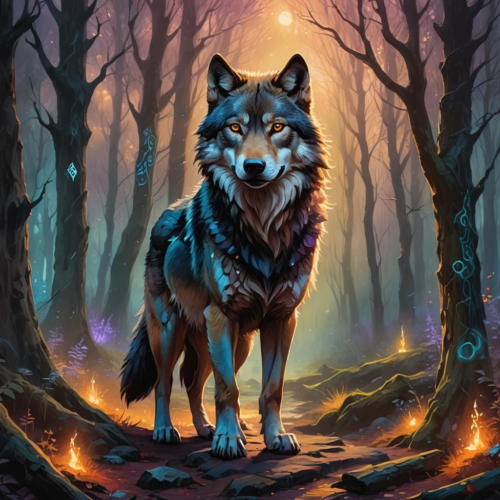 Mystical Wolf on Forest Path in Oil Painting Style