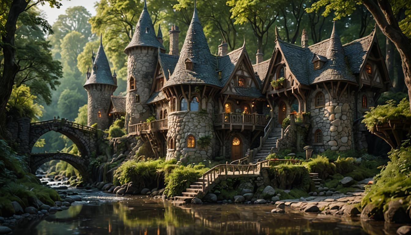 Enchanted Elven Cottage in Forest Stream Setting
