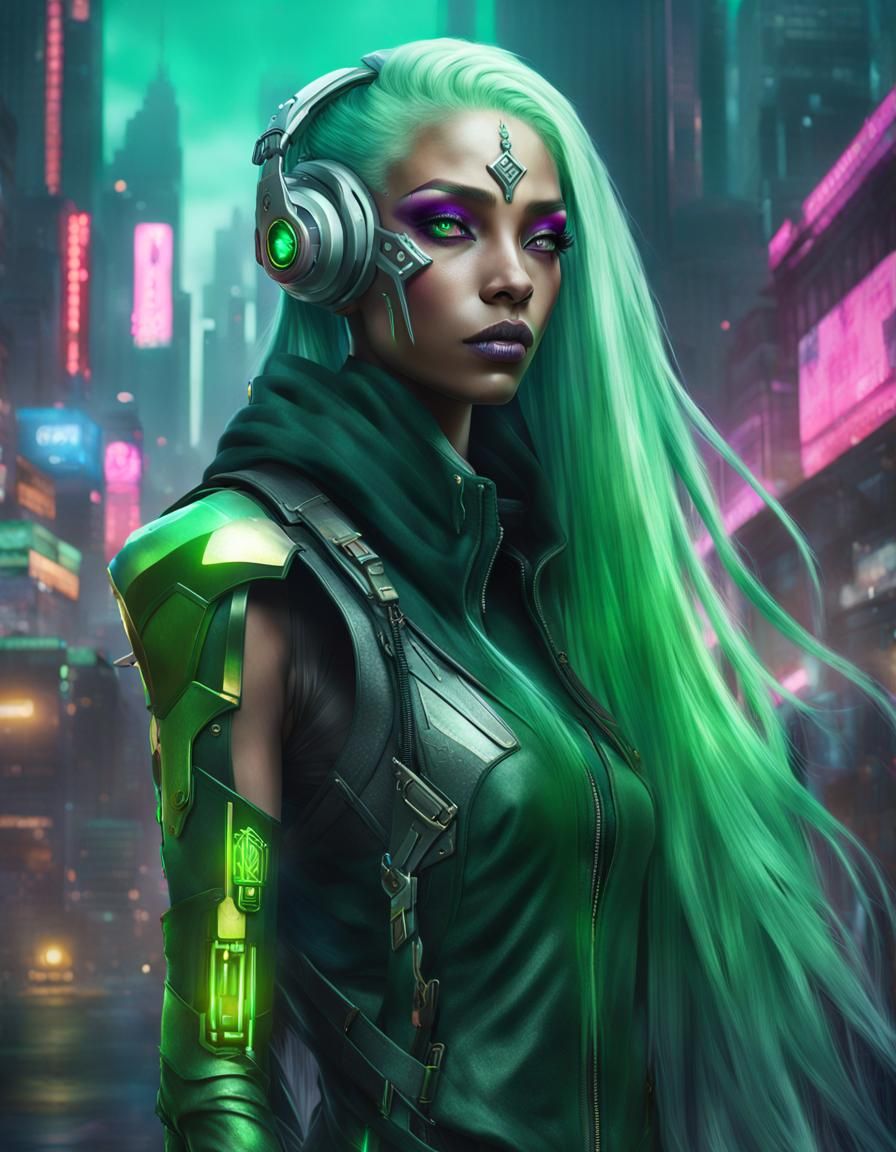 Cyberpunk Dark Elf Goddess in Digital Illustration