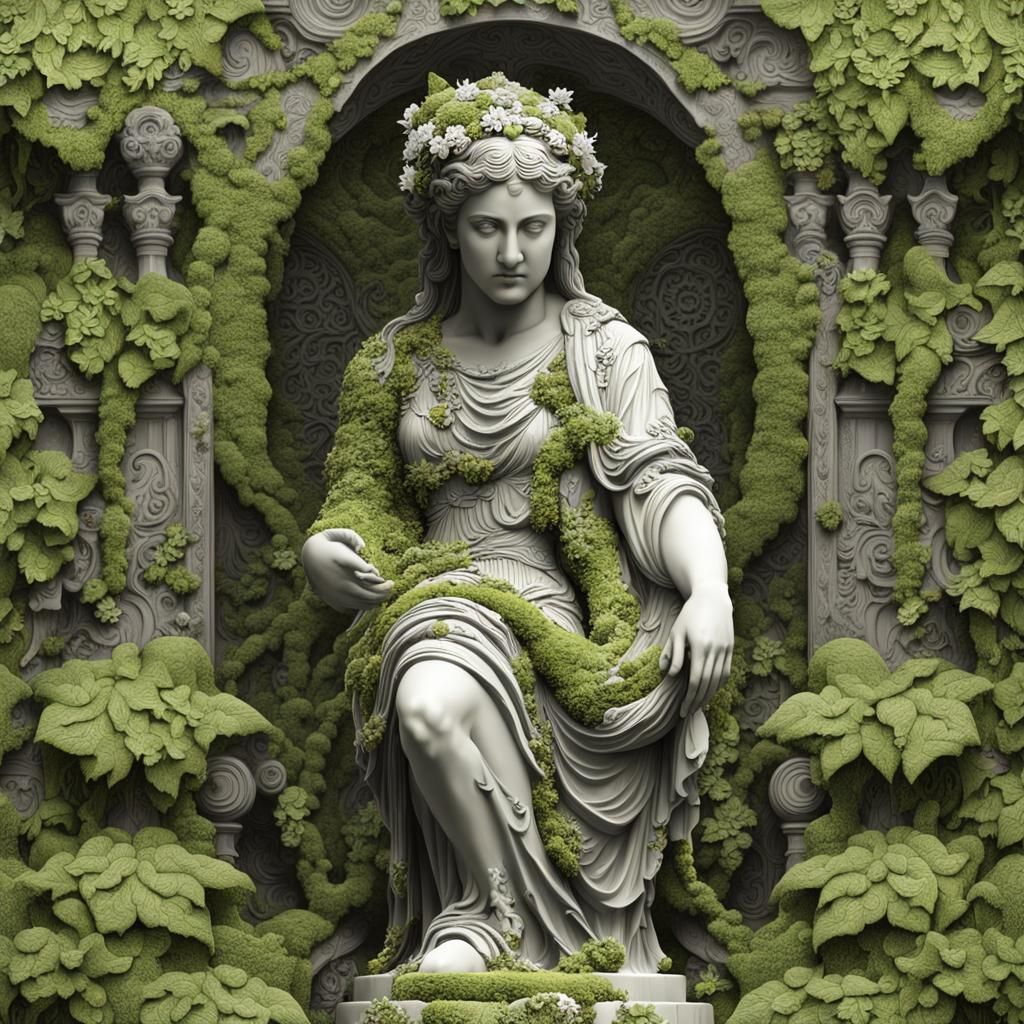 Greek Goddess Statue in Rain-Soaked Secret Garden