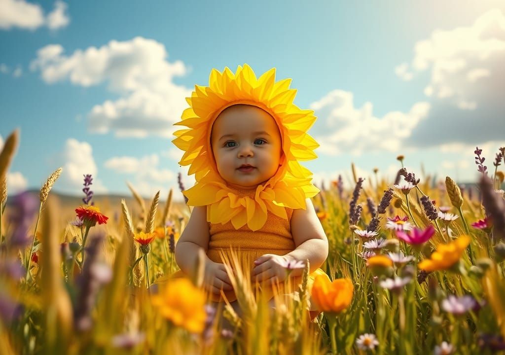 Baby in Sunflower Costume in Wildflower Field