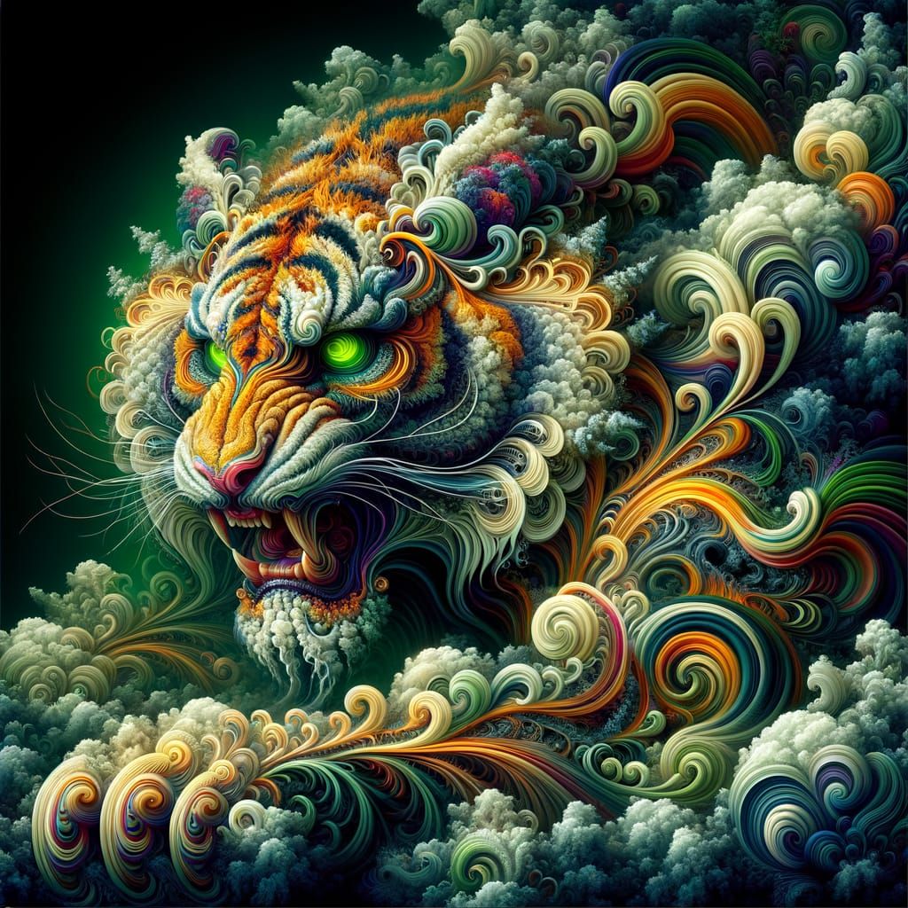 Psychedelic Tiger-Raptor Hybrid in Fractal Art Nouveau Style