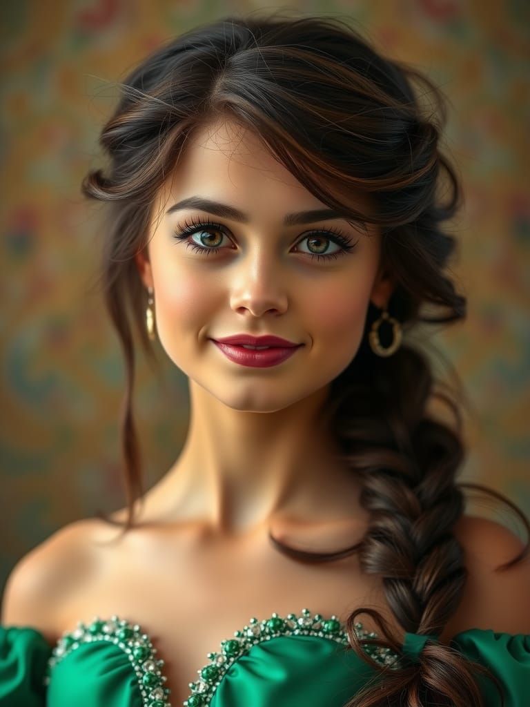 Young Woman with Braid in Emerald Gown
