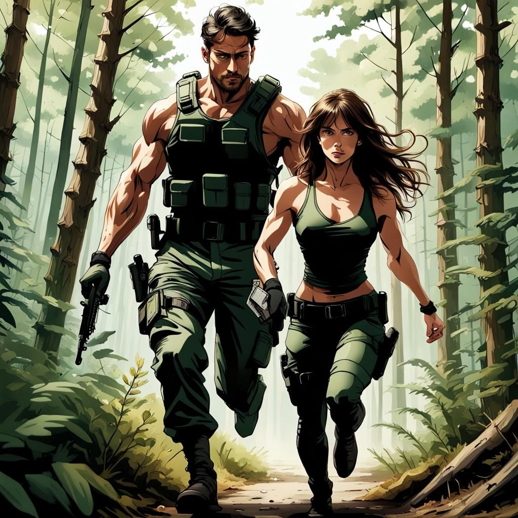 Cybernetic Fugitive Ambush in Dense Forest