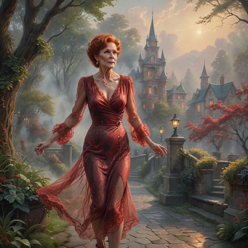 Redhead Spy in Red Dress: Ethereal Fantasy Art