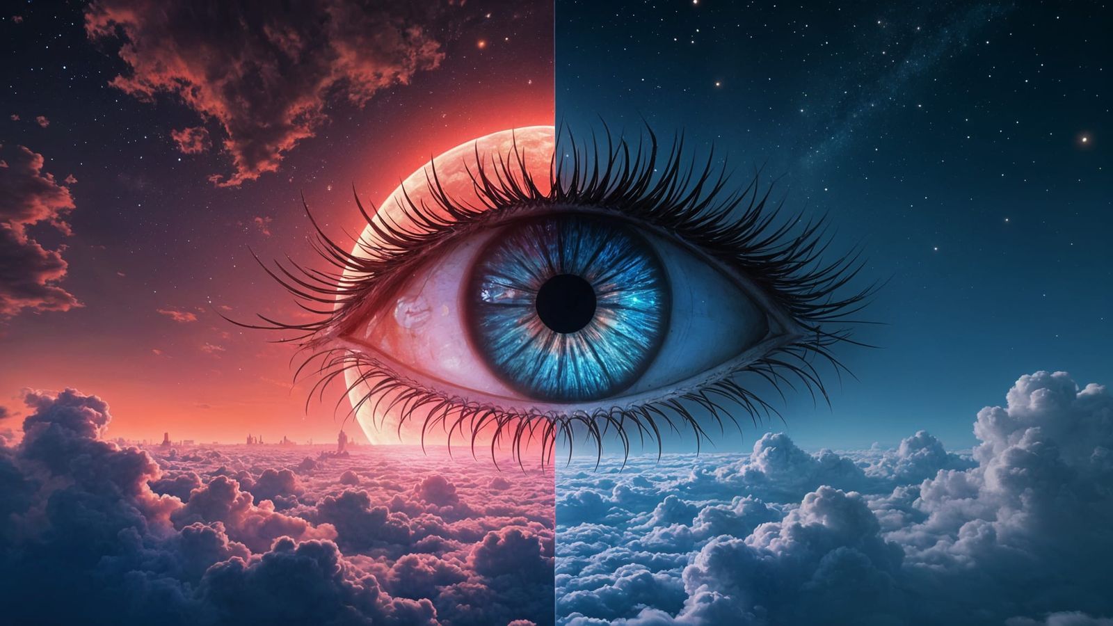 Eye in the Balance of Day and Night in a Cyberpunk World