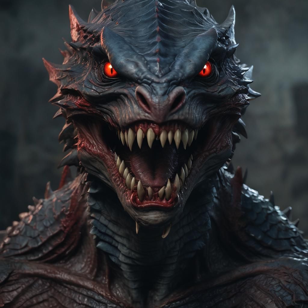 A hyperrealistic 3D photo of an evil creature with a grotesque appearance. The creature has a Blue, scaly body with lar...