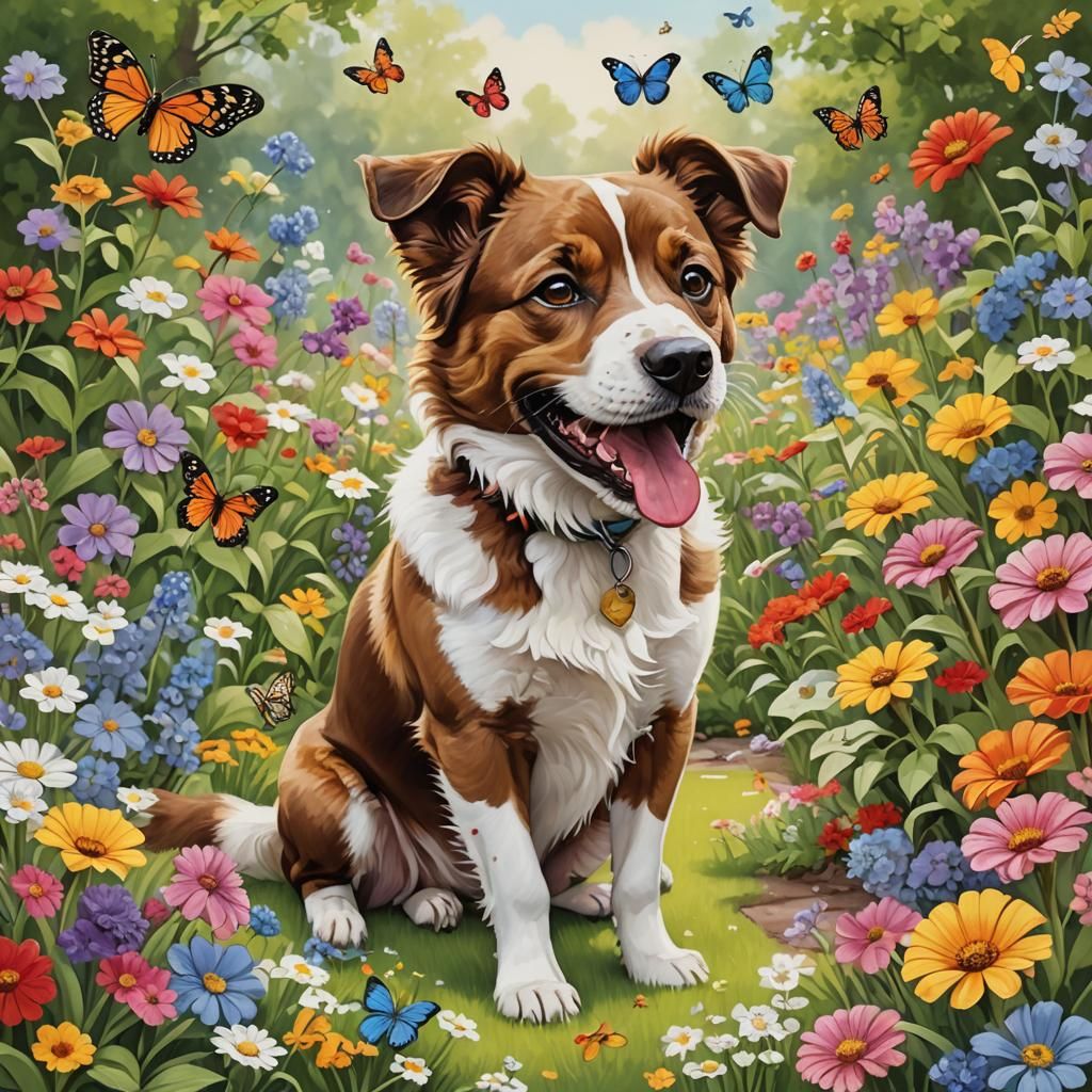 Playful Dog in Whimsical Garden: Matte Painting