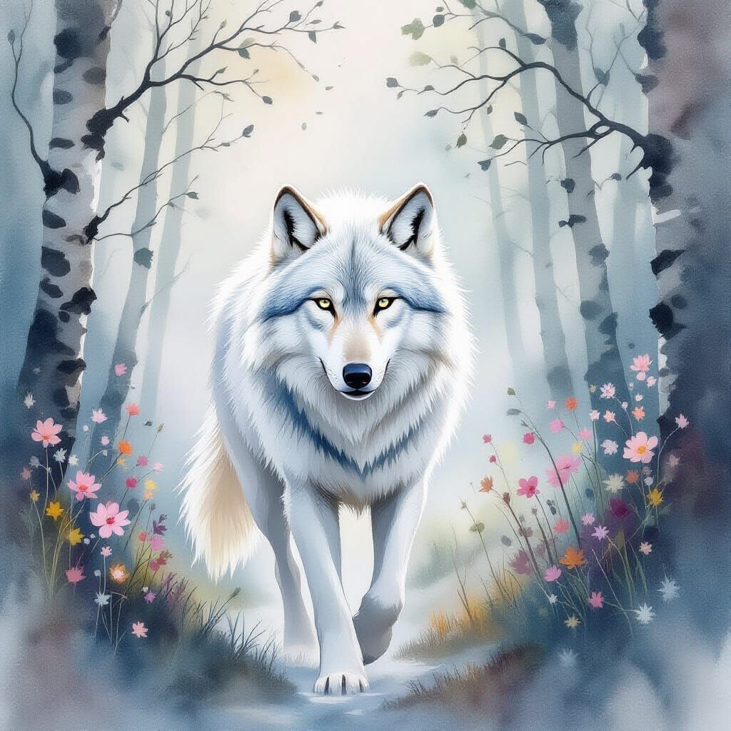 Majestic White Wolf in Ethereal Forest, Watercolor and Ink B...