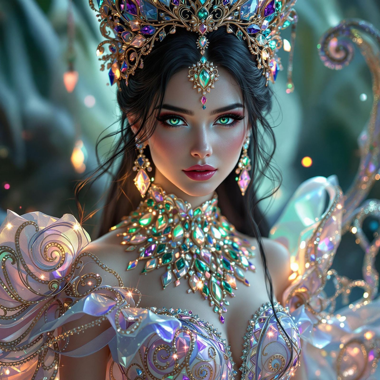 Ethereal Woman in Art Nouveau-Inspired Gown with Iridescent ...