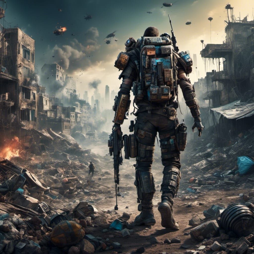 Futuristic Soldier Battles in Ruined Alien City