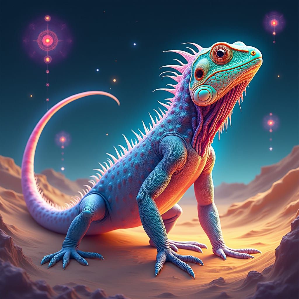 Iridescent Lizard in Surreal Desert Landscape