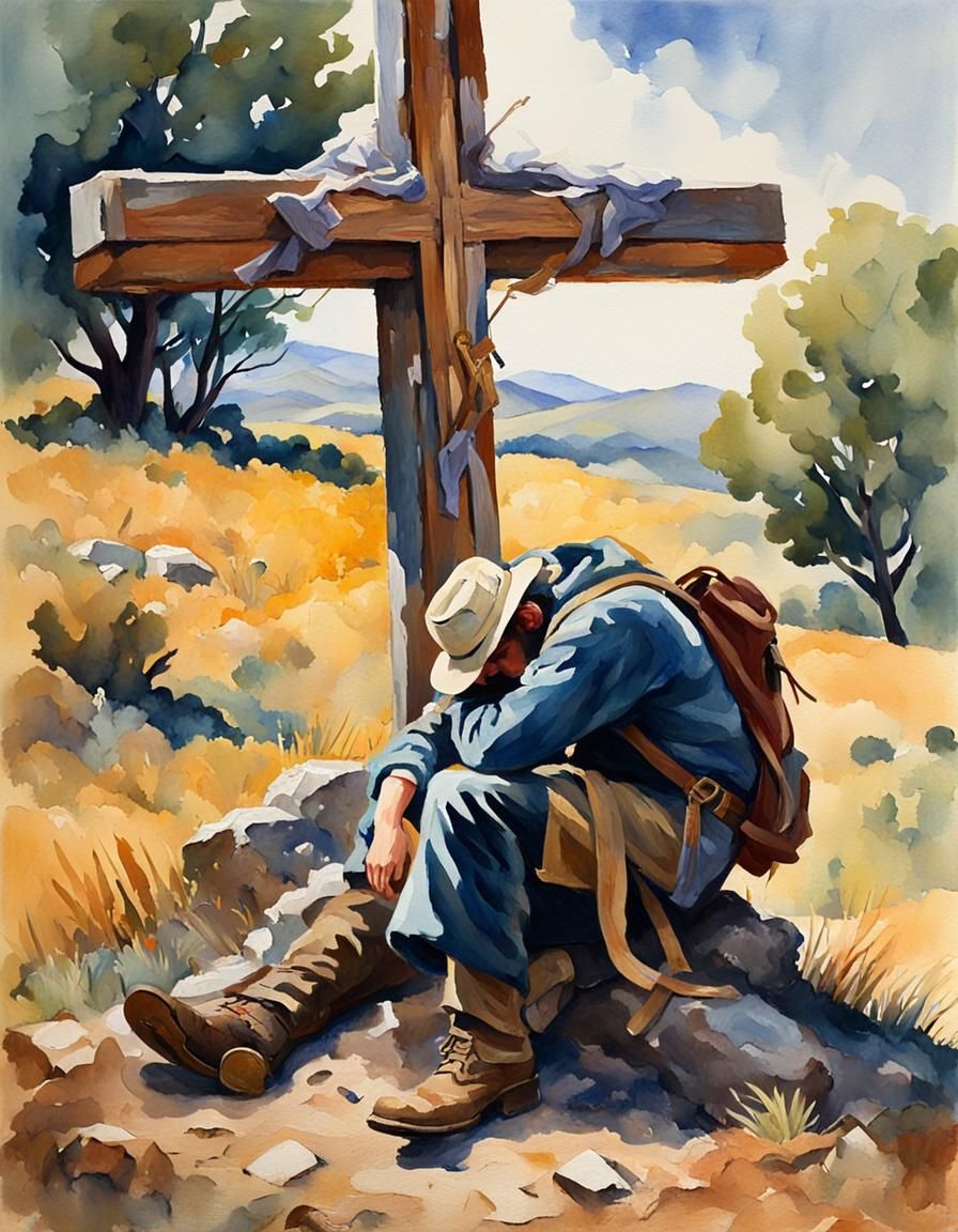 Pilgrim at Cross: Gouache Impressionist Masterpiece