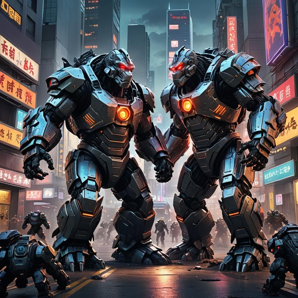 King Kong Mecha vs Godzilla Mecha in Neon City