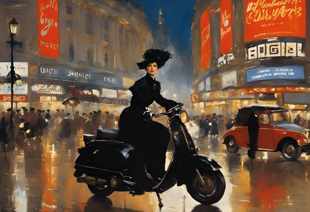 Edwardian Woman Rides Vespa, Impressionistic Style