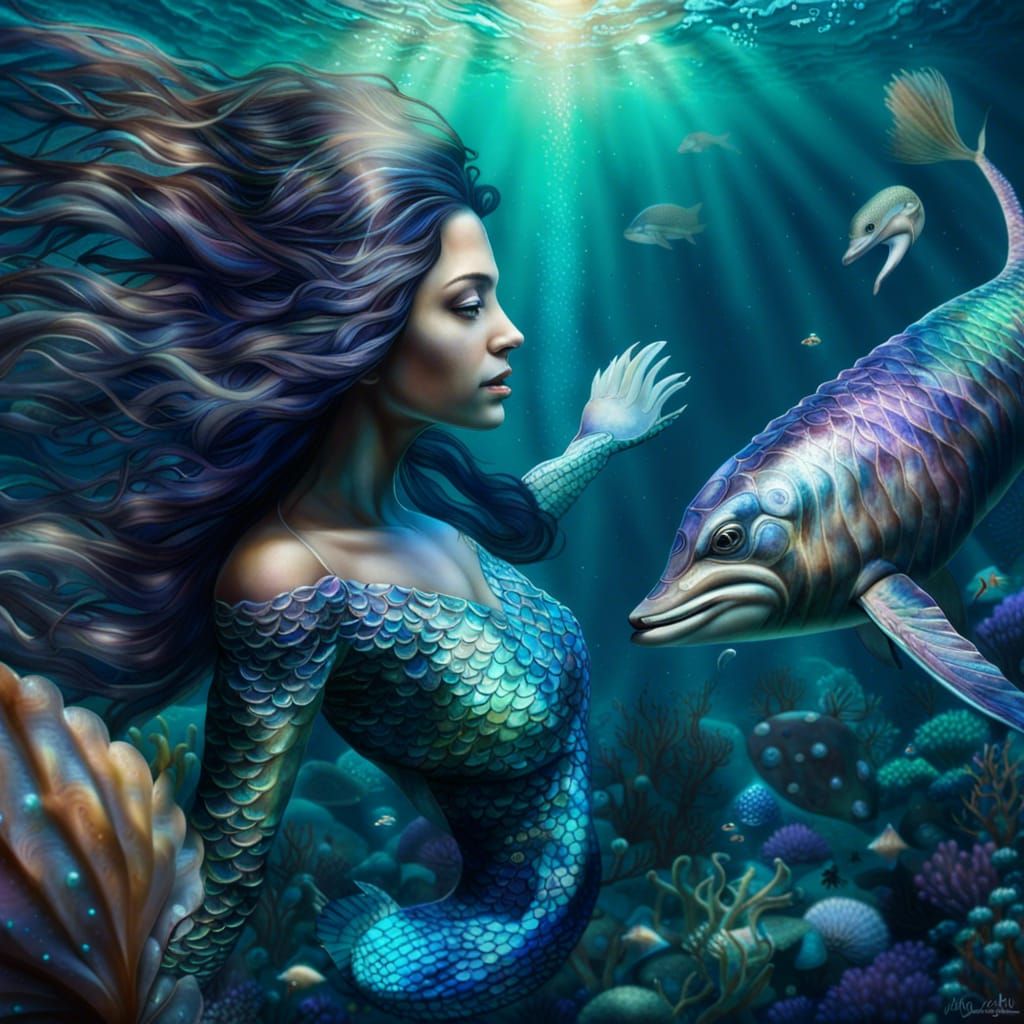 Hyperrealistic Mermaid with Dolphins and Sunken Ship