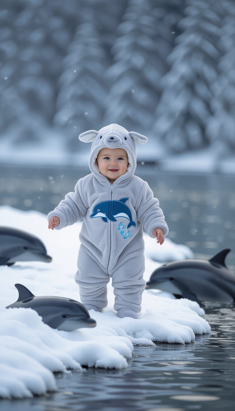 Baby Dolphin Outfit on Snowy Bank with Dolphins