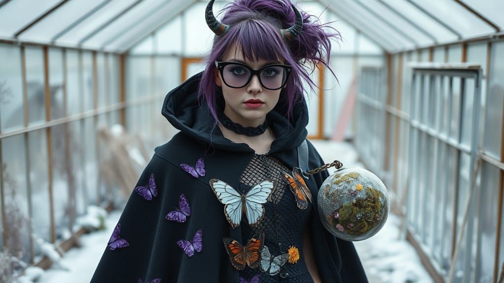 Eco-Goth Fashion Model in Shifting Glasses and Felt Cloak