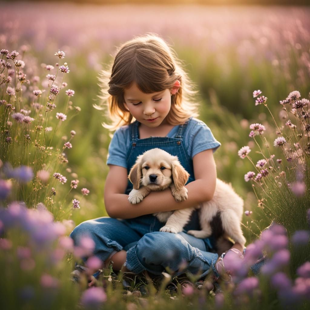 Girl with Puppy in Wildflower Field, Professional Photograph...