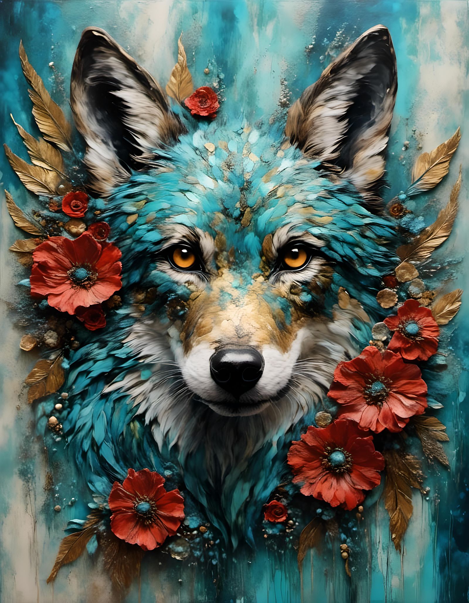 Winged Wolf Portrait with Acrylic Texture and Flowers