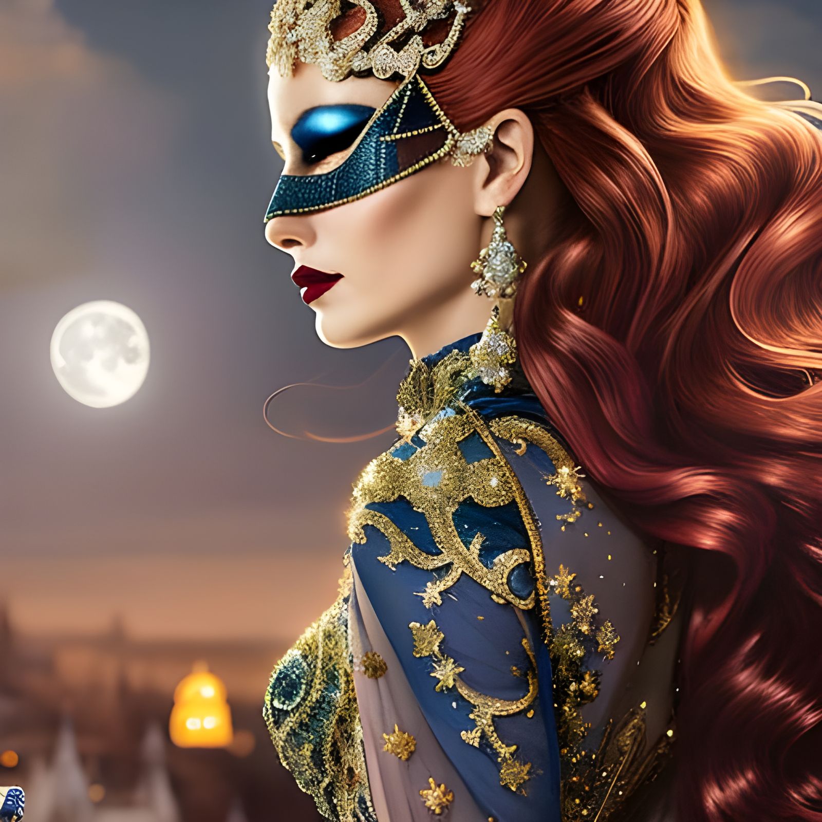 Redhead in Rococo Masquerade Gown in Moonlight