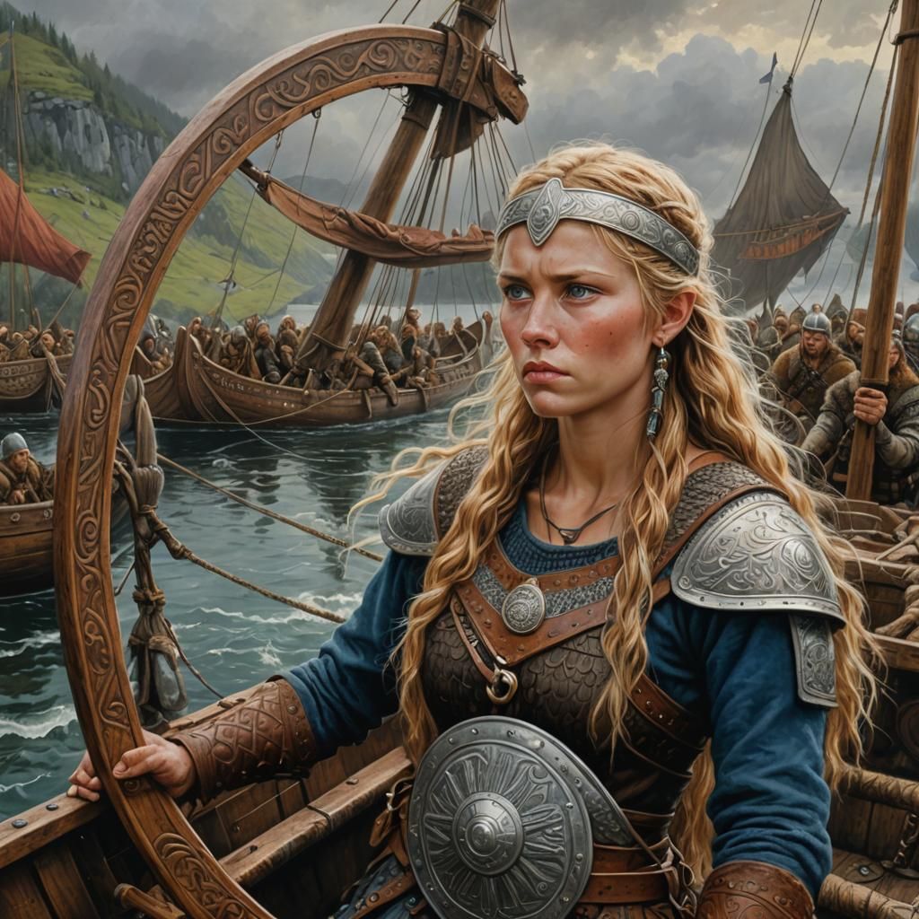 Viking Shield-Maiden and Longboat in Oil on Canvas