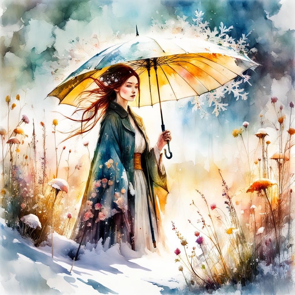Watercolor Umbrella in Flowering Meadow at Golden Hour
