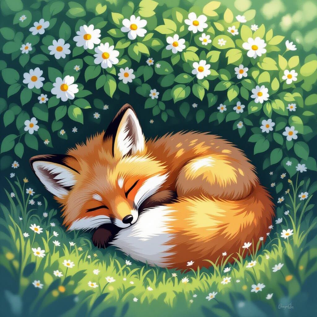 Sleeping Fox Kit Under Blooming Bush