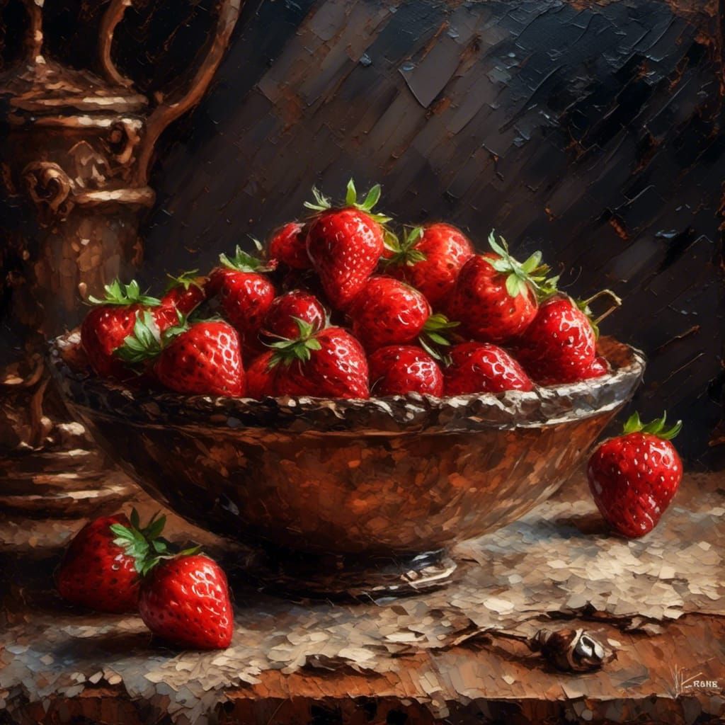 Rustic Strawberries in Grungy Impasto Oil Painting