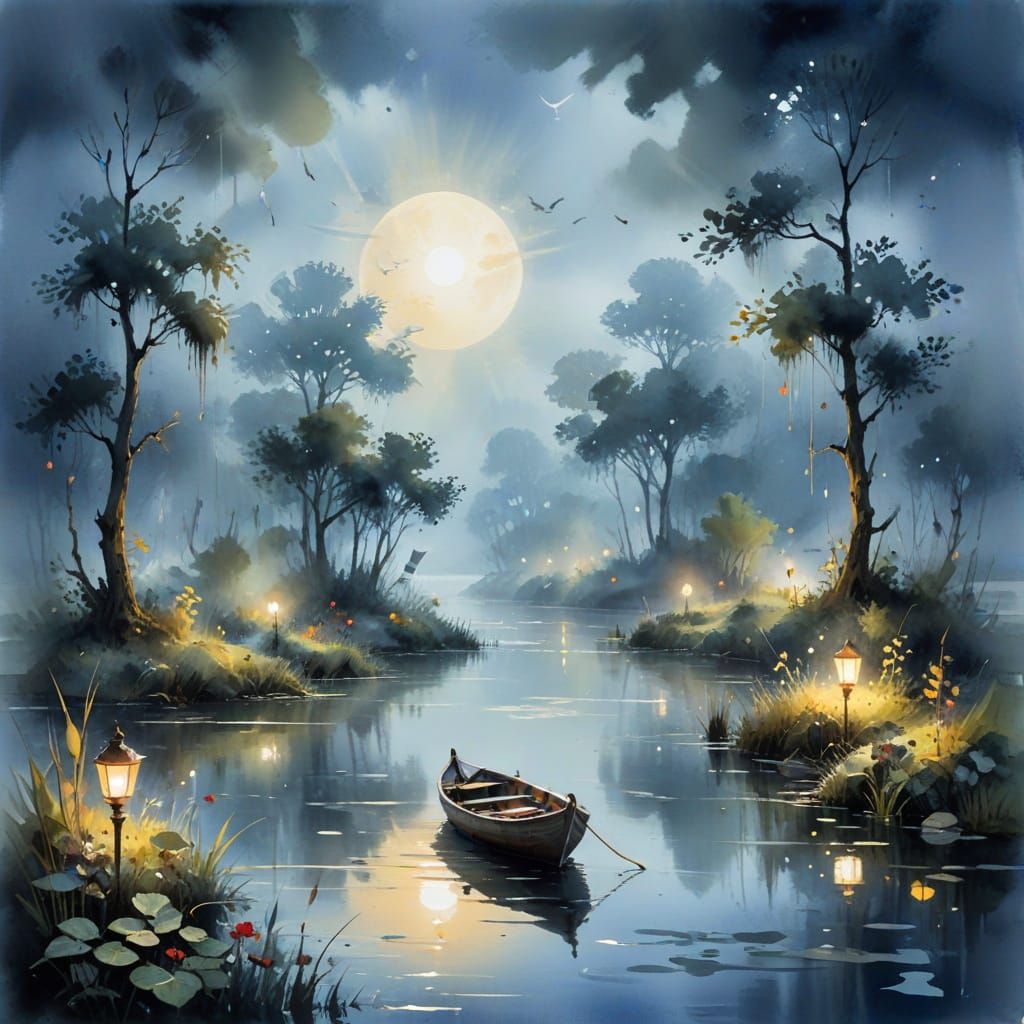 Ethereal Moonlit Swamp with Lantern Boats, in Watercolour St...