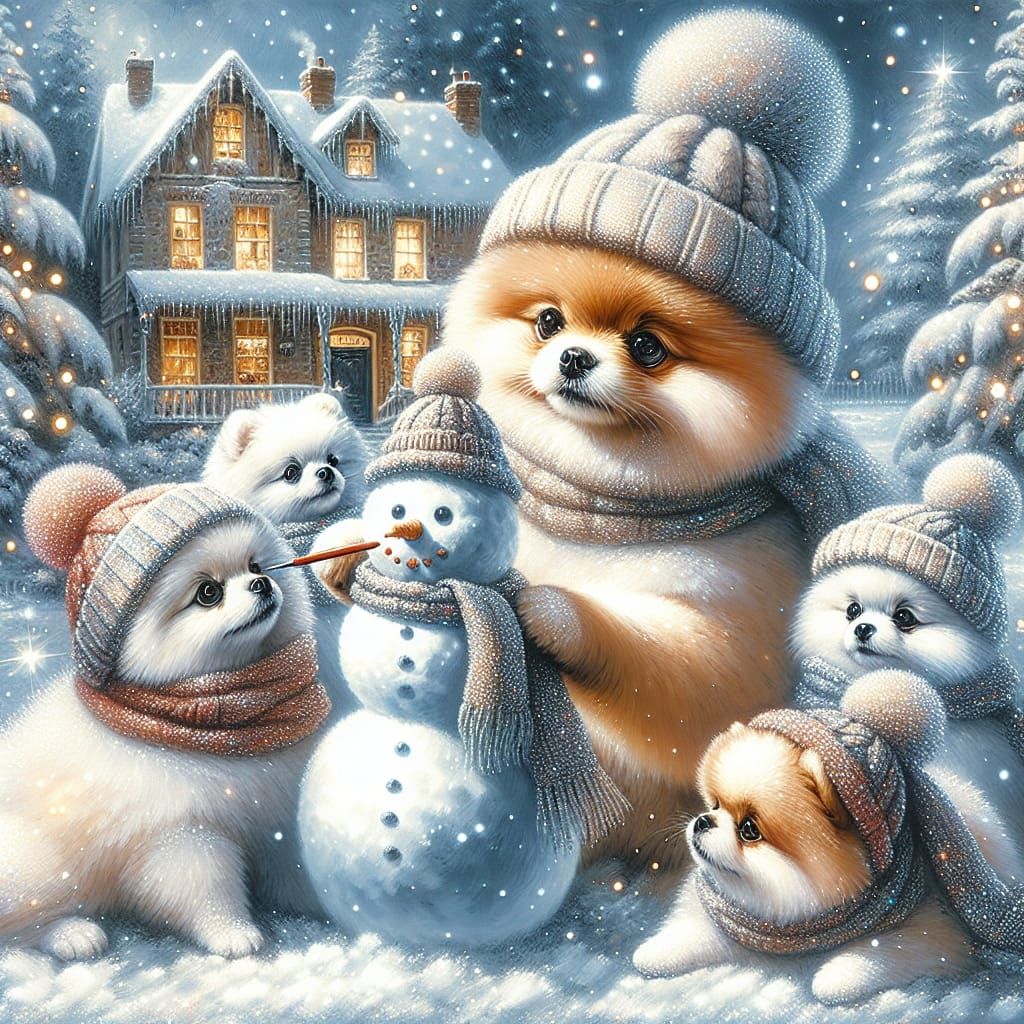 Charming Vintage-Style Pomeranian Snowman Scene