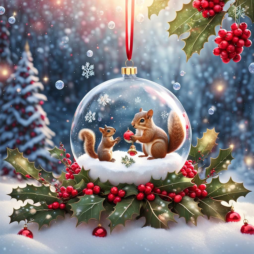 Magical Christmas Scene: Squirrels in a Snow Globe
