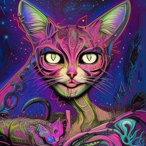 Cosmic Feline Extraterrestrial in Psychedelic Sci-Fi Art