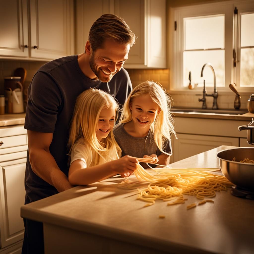 Father and Daughter Making Pasta in Kitchen