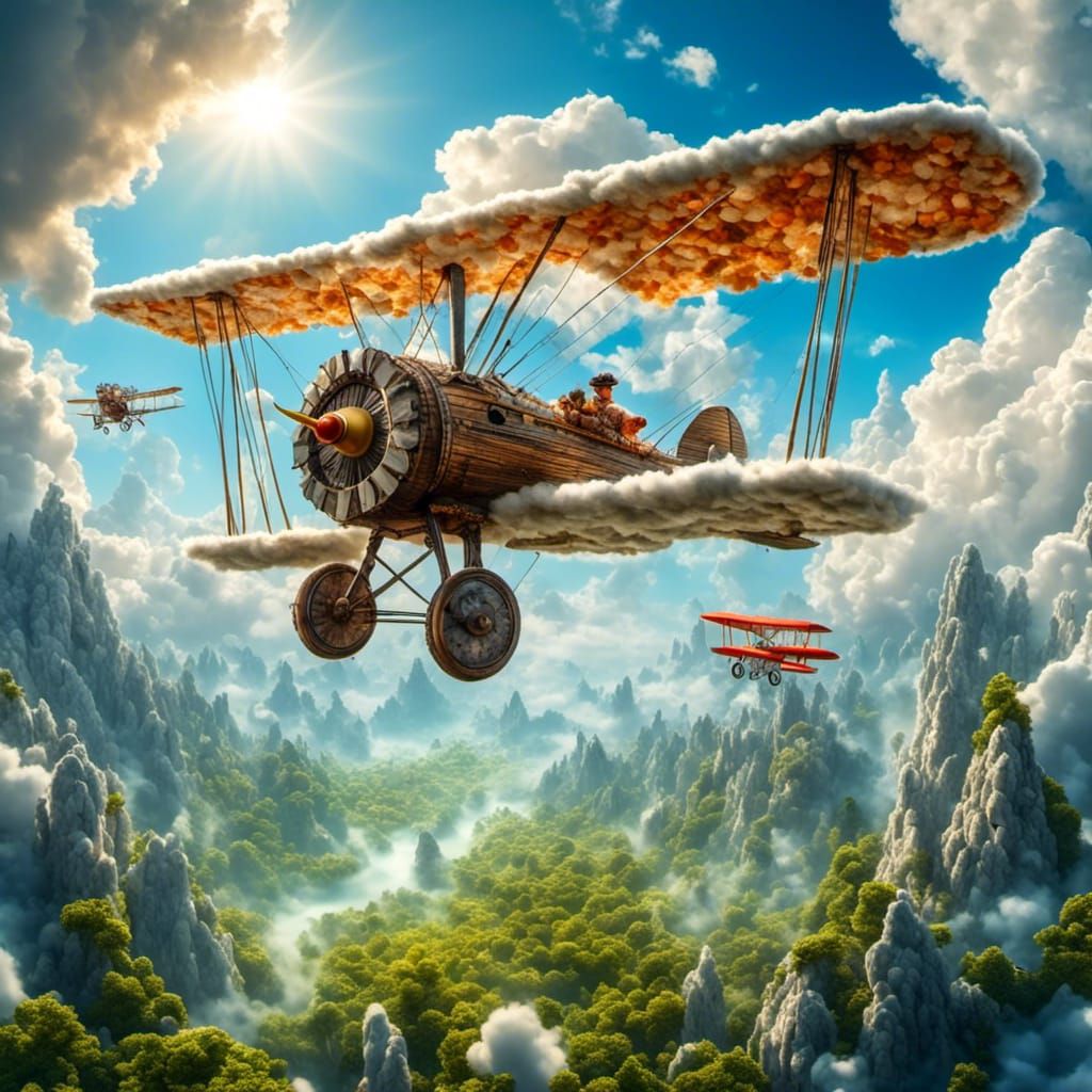 Hyperrealistic Biplane Amidst Cloudy Treescape