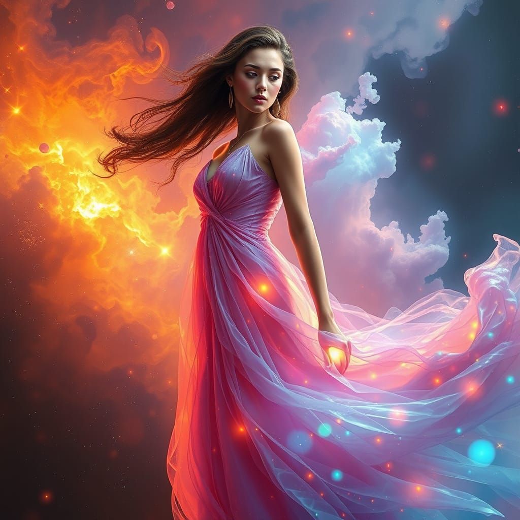 Nebula Woman in Iridescent Gown: Ethereal Cosmic Art