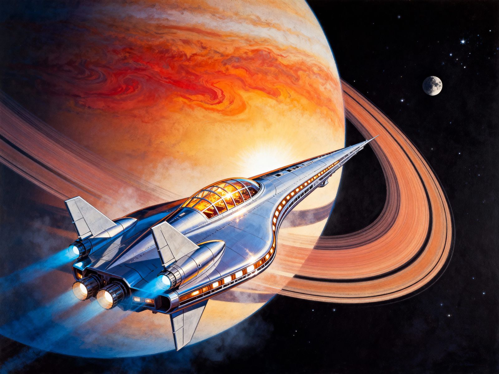 Sleek Chrome Spaceship Approaches Ringed Gas Giant