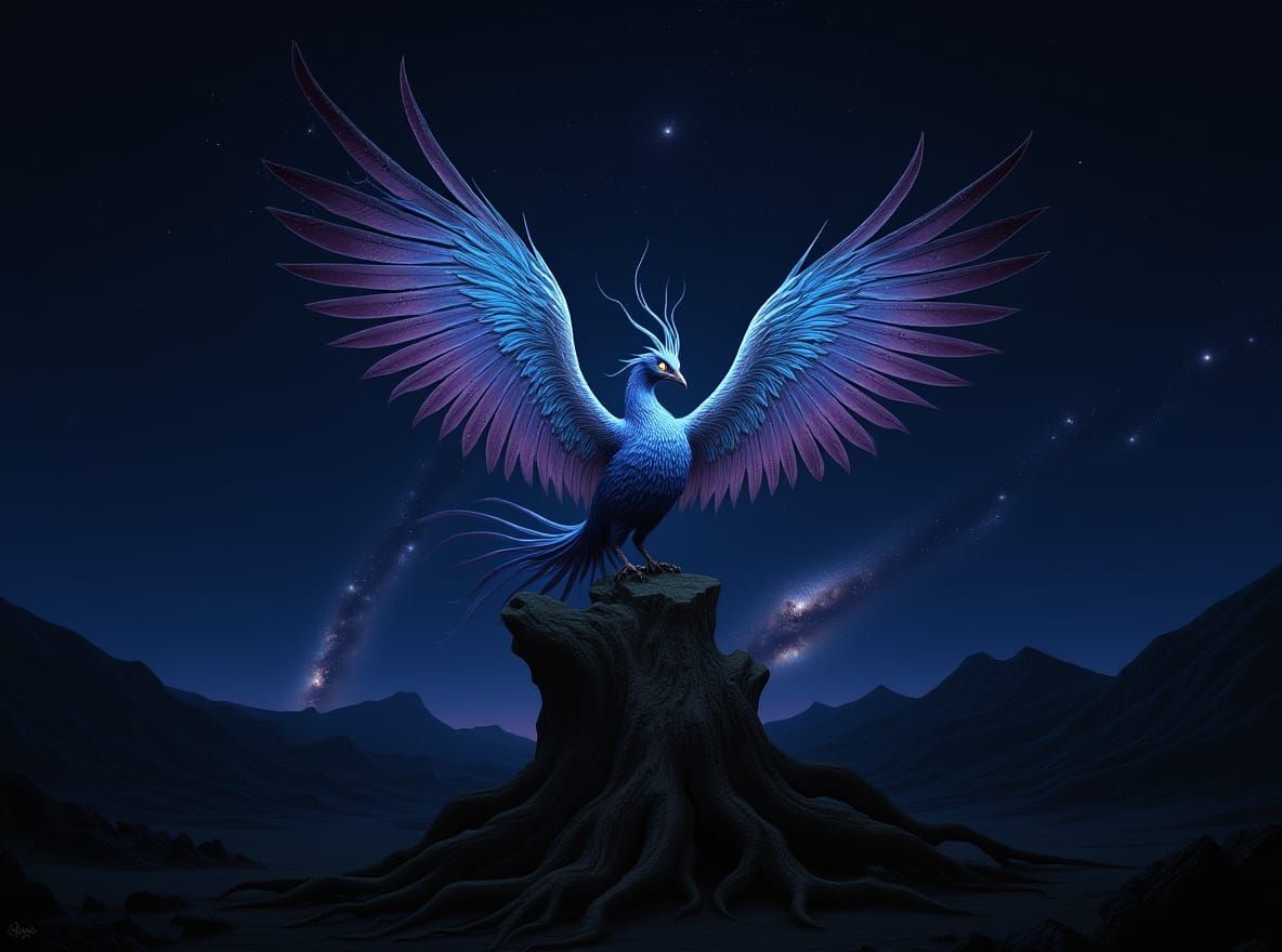Majestic Phoenix of Nebulae on Ancient Tree
