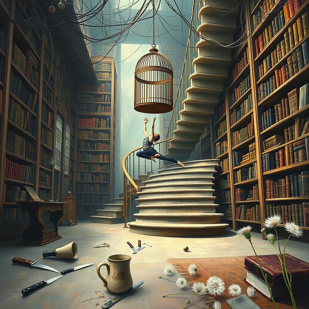 Surreal Acrobat in Maximalist Landscape with Staircase and B...