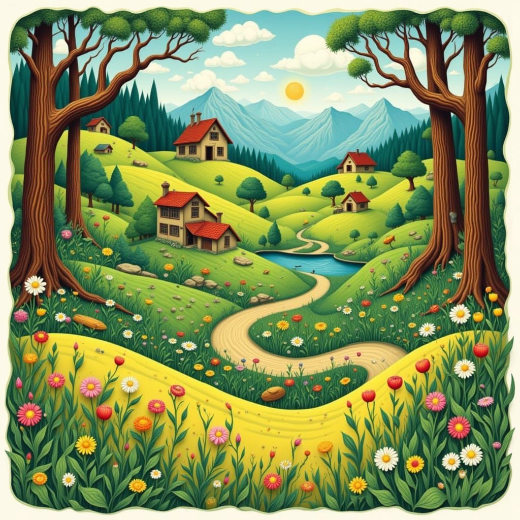 Whimsical Woodcut Landscape in Gentle Style
