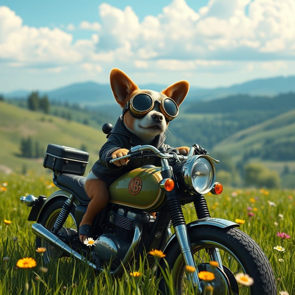 Playful Dog Rides Vintage Motorcycle Through Vibrant Green F...