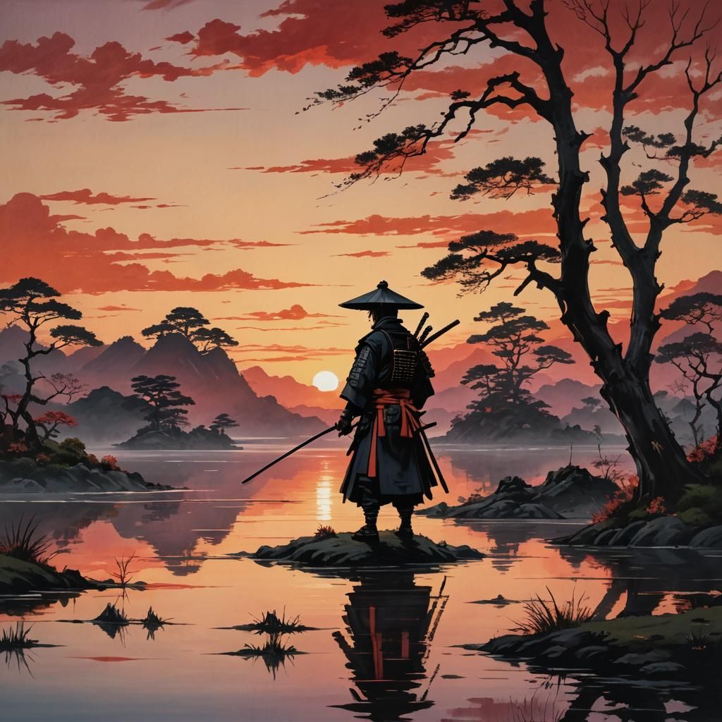 Samurai Silhouette at Sunset: Mixed Media Collage