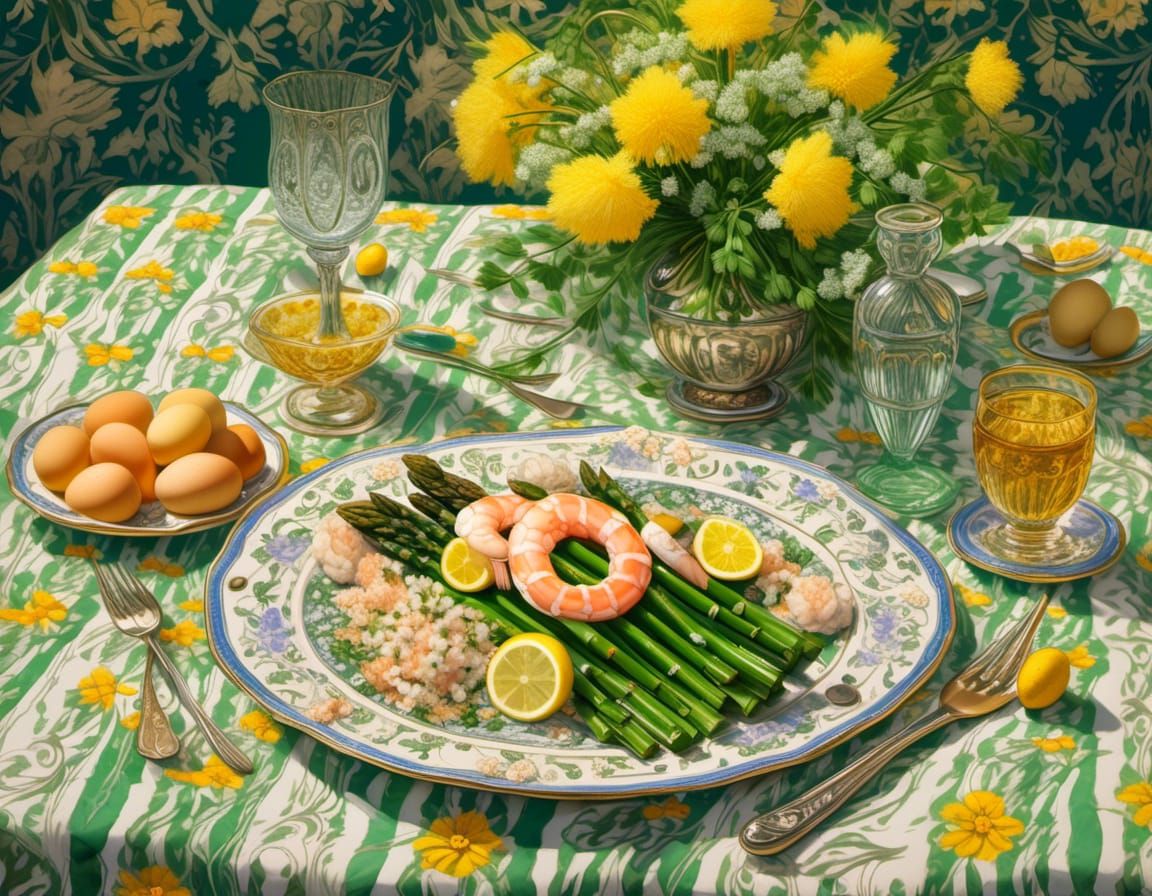 Hyperrealistic Asparagus Dish with Mimosa Eggs