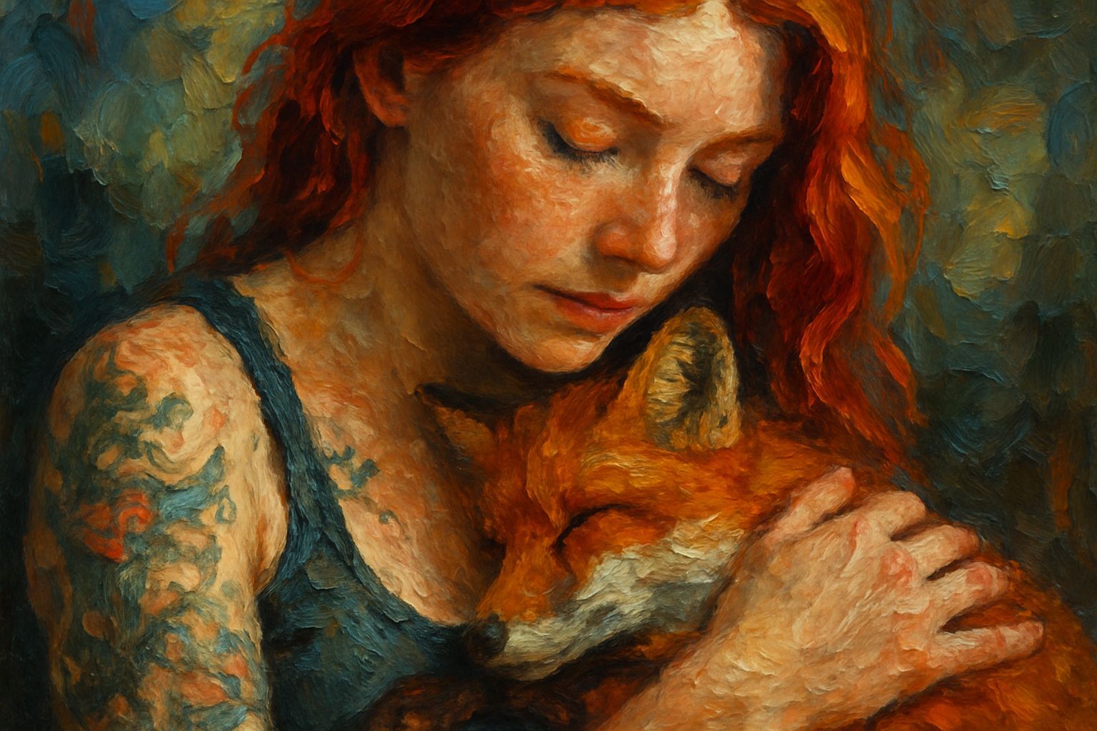 Redhead Woman Cradling Fox as Impasto Painting