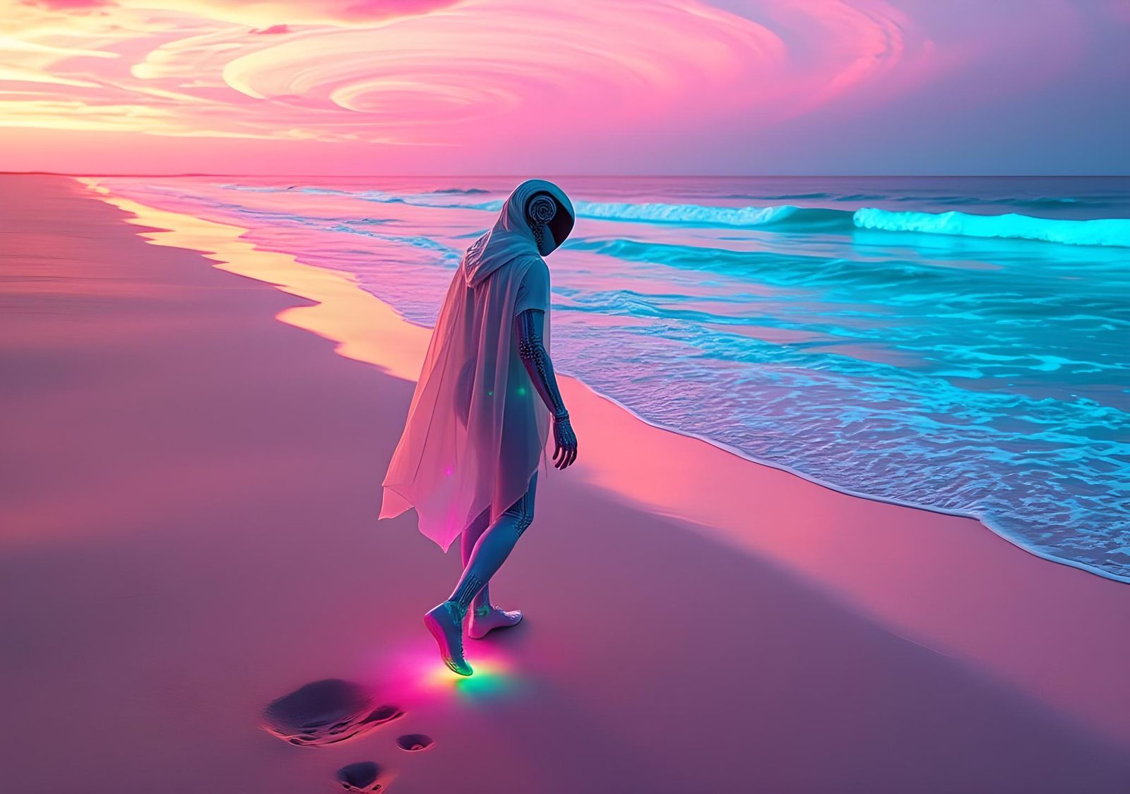 Transparent Android on Neon Beach at Sunset
